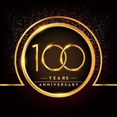 one hundred years birthday celebration logotype. 100th anniversary logo with confetti and golden rin