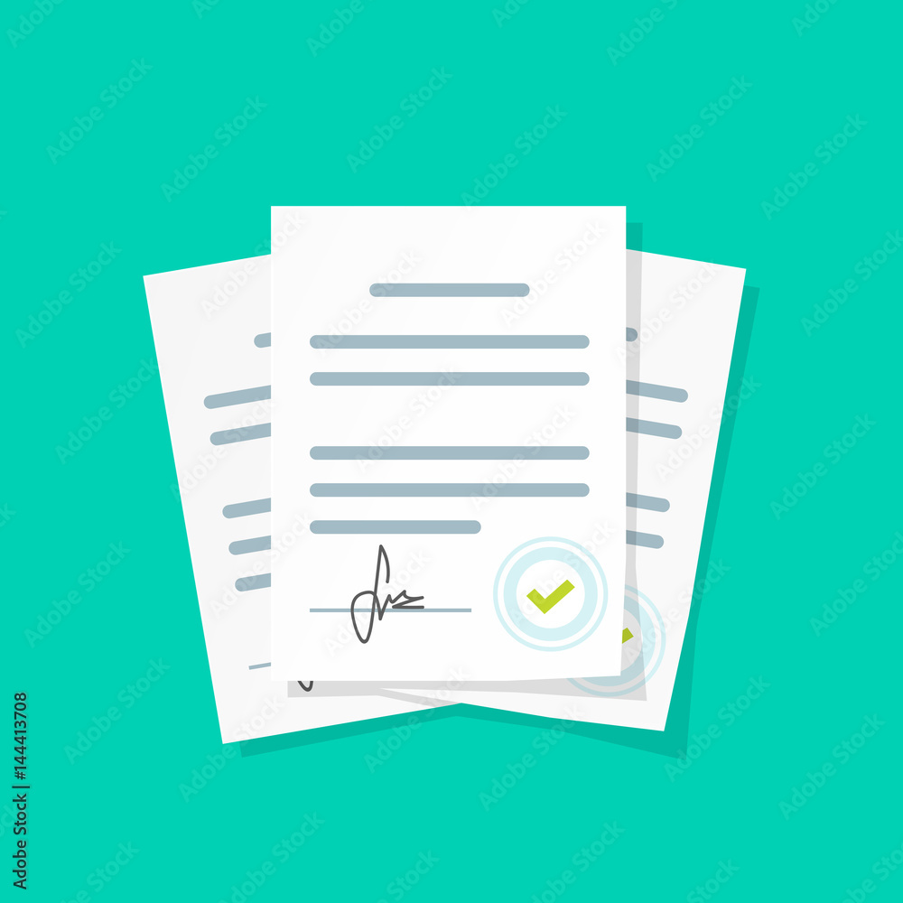 Contract documents pile vector illustration, flat cartoon stack of agreements document with signature and approval stamp, concept of paperwork, business doc - obrazy, fototapety, plakaty 