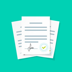 contract documents pile vector illustration, flat cartoon stack of agreements document with signatur