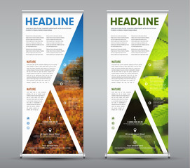 Poster - Set of vertical roll up banner with triangular design elements for image and text.