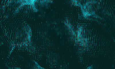 Vector abstract big data visualization. Cyan glowing data flow as binary numbers. Computer code representation. Cryptographic analysis, hacking. Bitcoin, blockchain transfer. Pattern of program code