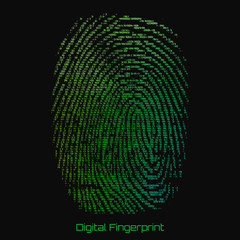 Vector abstract binary representation of fingerprint. Cyber thumbprint green pattern composed of numbers. Biometric identity verification. Futuristic sensor scan image. Digital dactylogram.