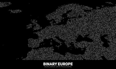 Vector abstract binary Europe map. Continents constructed from binary numbers. Global information network. Worldwide network. International data. Digital world in modern cyber reality.