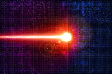 Poster - Electronic signal in the cyber world. Birth of artificial intelligence. Shining beam on circuit colorful background with binary numbers. Innovation idea creation. Impulse in cyber neural network node.