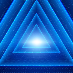 Poster - Vector data flow visualization. Triangle glowing tunnel of blue big data flow as binary strings. Cyber world of code. Cryptographic analysis. Bitcoin blockchain transfer. Information stream