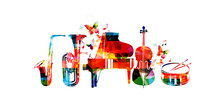 Music Instruments Background. Colorful Saxophone, Euphonium, Piano, Violoncello And Drum Isolated Vector Illustration