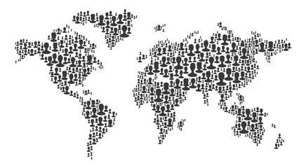 Fototapeta The map of the world made of people silhouettes. Black on white background, isolated