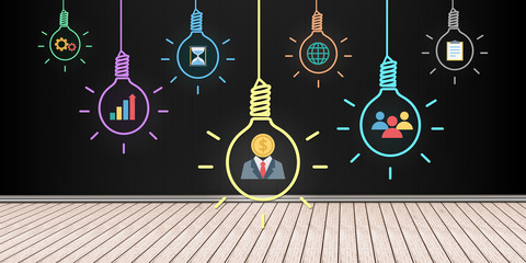 Business Icons with bulb idea on Digital 3D Room background