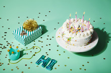 Birthday Cake With Lit Candles And Sprinkles, Assorted Props 