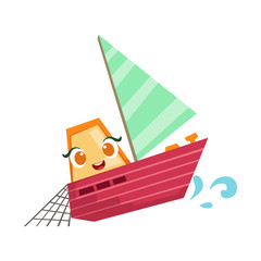 Wall Mural - Sailing Fisherman Fishing Boat, Cute Girly Toy Wooden Ship With Face Cartoon Illustration