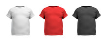 3d Rendering Of Three Male T-shirts In Realistic Fat Torso Front View In White, Red And Black Colors.