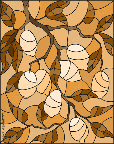 Plakat na zamówienie Illustration in the style of a stained glass window with the branches of lemon tree , the fruit branches and leaves against the sky,tone brown