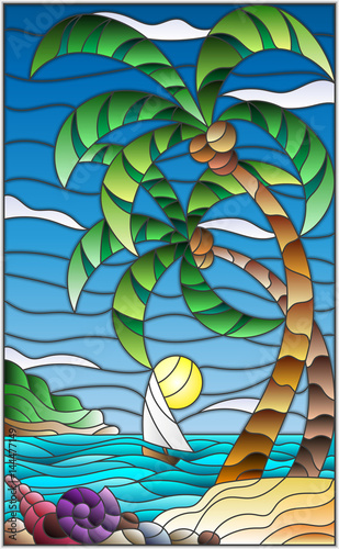 ilustracja-w-stylu-witrazu-z-tropikalnym-morzem-krajobraz-palmy-kokosowe-i-mu