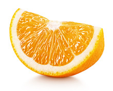 Ripe Slice Of Orange Citrus Fruit Isolated On White Background With Clipping Path