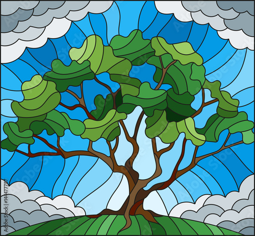 Obraz w ramie Illustration in stained glass style with tree on cloudy sky background 
