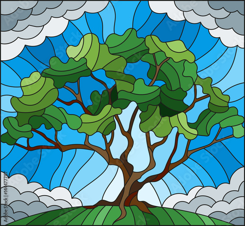 Naklejka na szafę Illustration in stained glass style with tree on cloudy sky background 