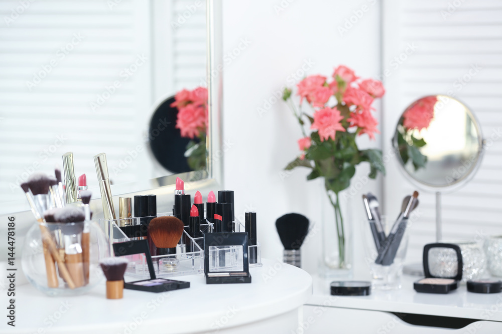 Set of decorative cosmetics on table