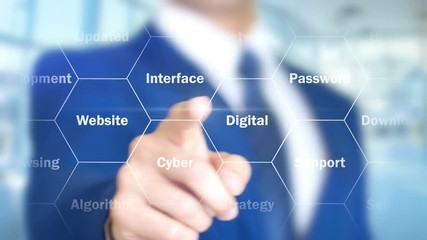 Web Address, Man Working on Holographic Interface, Visual Screen