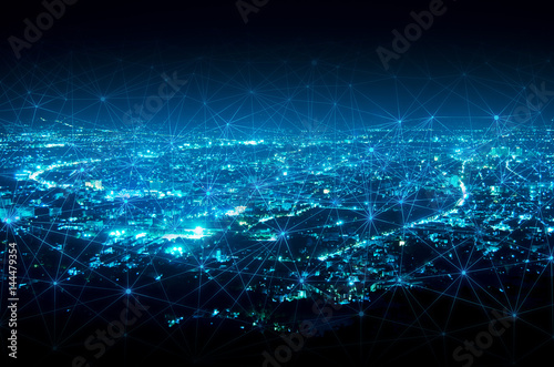 Fotografía abstract line connection on night city background
