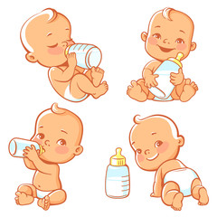 Set with cute little baby with bottle of milk. Baby boy or girl in diaper holding bottle. Newborn nutrition. Happy child drink milk. Emblem for formula or milk. Feeding newborn. Vector illustration.