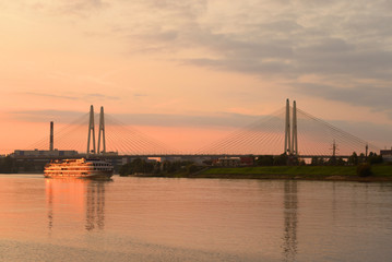 Wall Mural - Cable-stayed bridge at sunset.