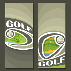 Vector vertical Banners for Golf Course: 2 layouts for title on golf theme, ball flying on curve trajectory above golf course, abstract template banner for text on gray background, sport invite ticket