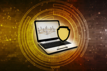 Poster - laptop with shield. Isolated 3d rendering image

