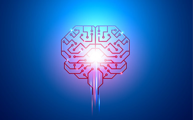 Poster - artificial intelligence, brain, circuit Board, conductors, pads, and neural signals on a blue background