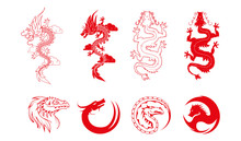 Vector Set Of Red Dragons And Dragon Logo Isolated On White Background