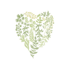 Wall Mural - Greenery floral hand drawn composition in form of heart. Vector green leaf arrangement isolated on white background. Love spring design for card cover