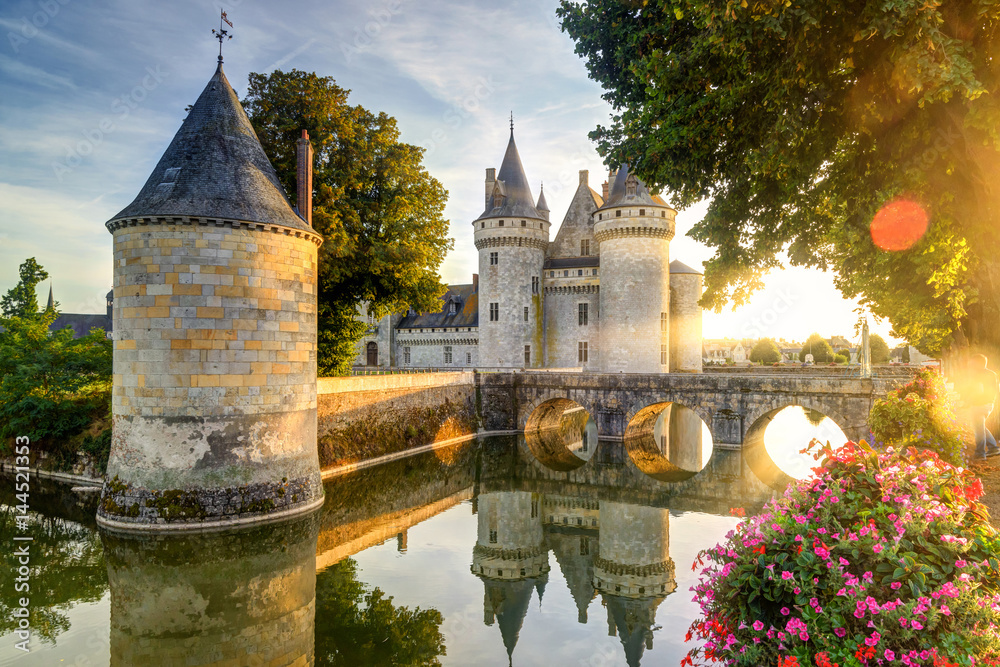 Chateau of Sully-sur-Loire at sunset, France. Old castle in Loire Valley in summer. - obrazy, fototapety, plakaty 