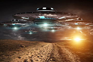 Poster - UFO invasion on planet earth landascape 3D rendering