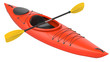 Orange plastic kayak with yellow paddle. 3D render, isolated on white background