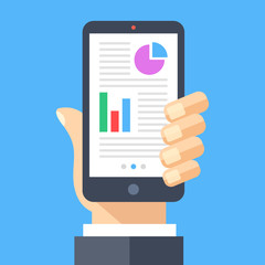 Poster - Financial data on smartphone screen. Human hand holding smartphone. Financial app, business app concepts. Modern graphic elements. Flat design vector illustration