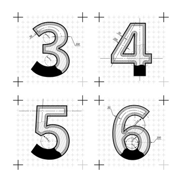 Architectural sketches of 3 4 5 6 letters. Blueprint style font.