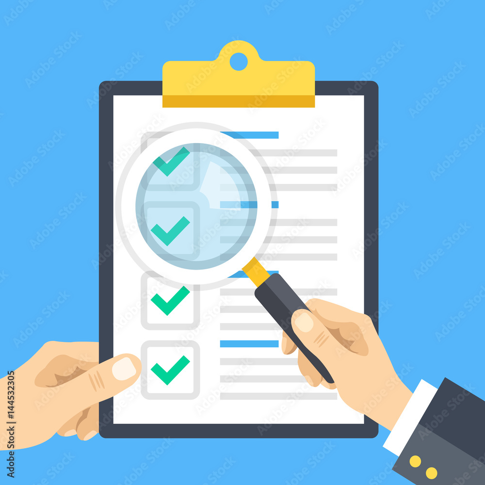 Hand holding checklist clipboard and hand holding magnifying glass.  Clipboard with check marks, tick icons. Analysis, review, examination,  checkup, inspection concepts. Flat design vector illustration Stock Vector  | Adobe Stock, image size:1000x1000