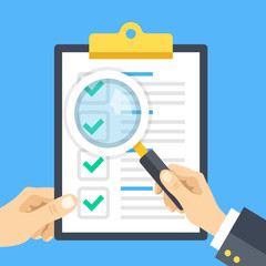 Poster - hand holding checklist clipboard and hand holding magnifying glass. clipboard with check marks, tick