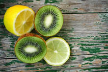 Ripe Lemon And Kiwi Is Cut Into Slices
