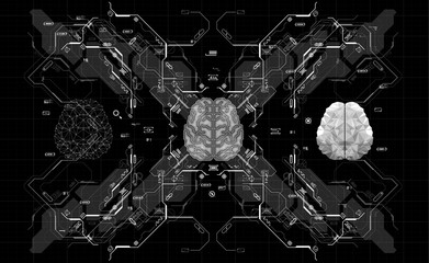 Poster - Conceptual Polygonal Brain with HUD elements. Background with futuristic user interface. Design concept with Head-up Display elements.