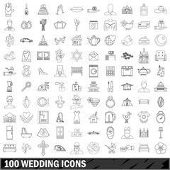 Wall Mural - 100 wedding icons set, outline style