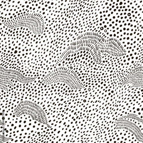 Materiał do szycia Jednolity wzór wielu nieregularne plamy, kropek, linii. Streszczenie tło w stylu doodle. Ręcznie rysowane tekstura wektor. Może służyć do projektowania tkaniny, moda włókienniczych, wydruki. Czarny, biały ilustracja.