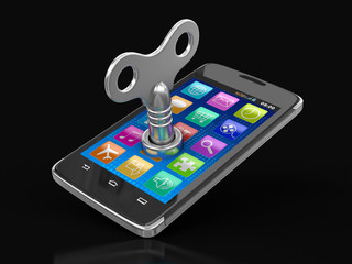 Poster - Touchscreen smartphone with winding key. Image with clipping path.