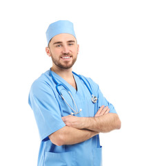 Poster - Handsome young doctor on white background