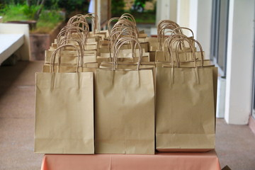 close up paper bag of kraft  brown  on  table