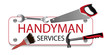 Professional handyman services logo. Hammer, brush, spanner and saw. A sign nailed. Repair tool. Vector