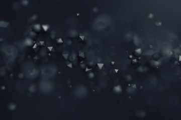 Poster - Abstract 3d rendering of chaotic low poly particles. Flying polygonal spheres in empty space. Futuristic background with bokeh effect. Poster design.
