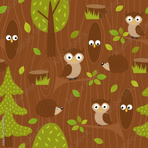 Stoffe zum Nähen nahtlose Muster Eule und Igel im Wald - Vektor-Illustration, eps