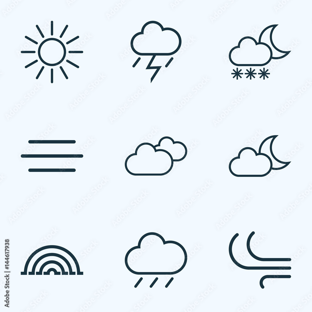 Weather Outlines Set. Collection Of Rainbow, Breeze, Sun And Other Elements. Also Includes Symbols Such As Overcast, Night, Rainbow. - obrazy, fototapety, plakaty 