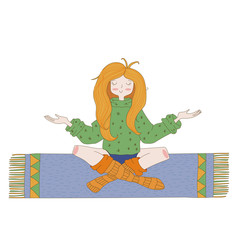 Happy hippie girl, bright colored handdrawn vector. Love and peace illustration. Meditation theme.