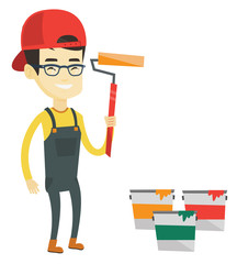 Wall Mural - Painter holding paint roller vector illustration.